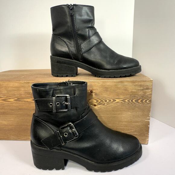 Y2K Chunky Platform Ankle Boots Womens SZ 8.5 Buckle Harness Moto Goth Side Zip - Picture 2 of 9